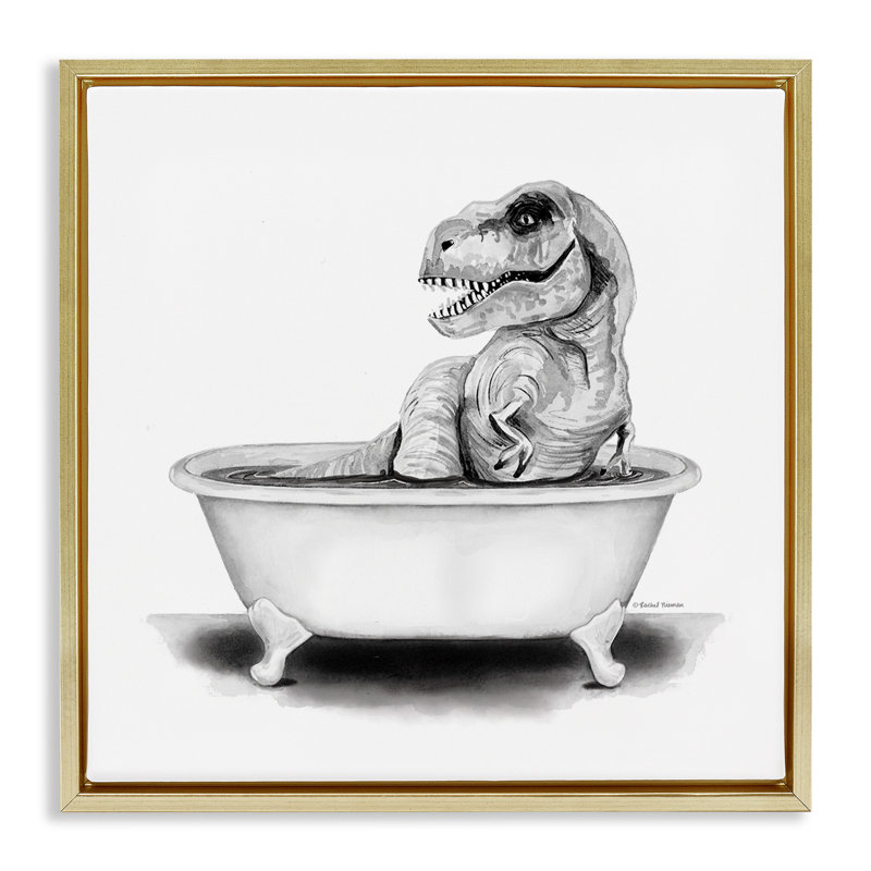 Drôle de salle de bain T-Rex, Cadre flottant métallique doré, H 25 po x l 25 po