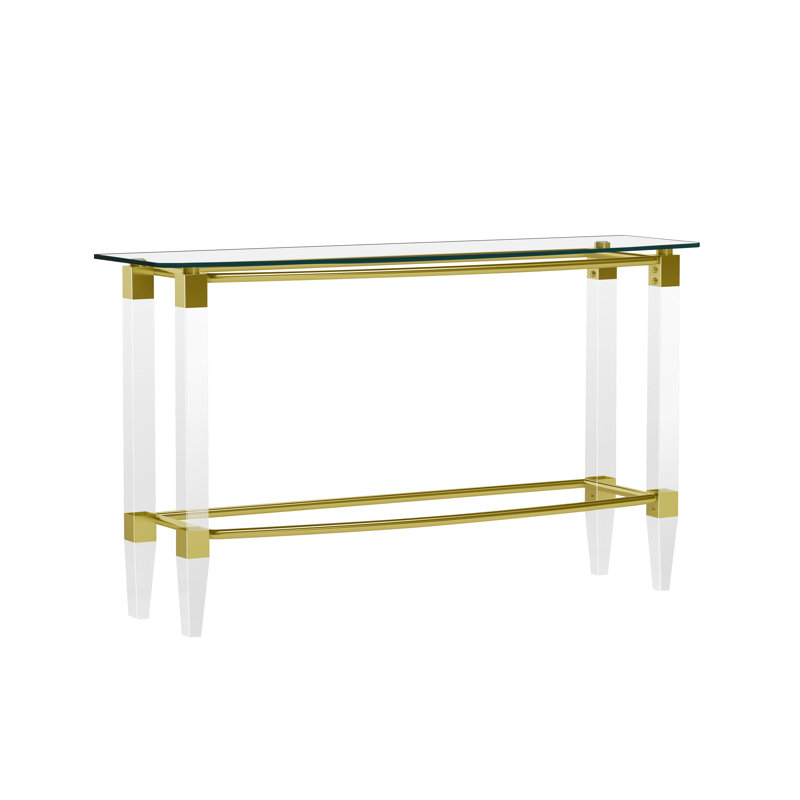 Table de canapé rectangulaire en verre avec pieds en acrylique et structure plaquée or
