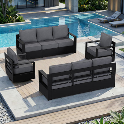8-Person Modern Aluminum Outdoor Patio Sofas Furniture Set,2 Swivel Chairs and Grey Cushions,,Suitable for Party