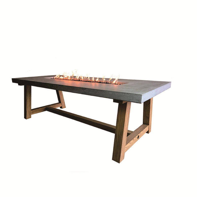 Workshop 83" Outdoor Concrete Dining Fire Table with Natural Ashwood Legs 45,000 BTU - Includes Lava Rocks & PVC Cover