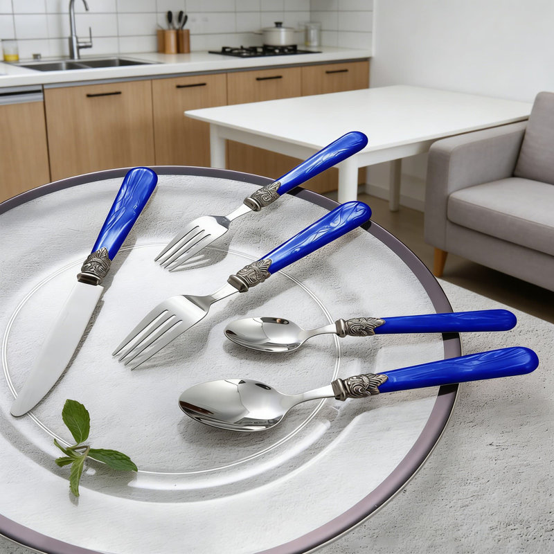 Service de couverts en acier inoxydable 20 pièces pour 20 personnes, ensemble de 20 pièces avec poignée en acrylique bleu foncé rétro, couverts allant au lave-vaisselle pour une utilisation formelle au quotidien