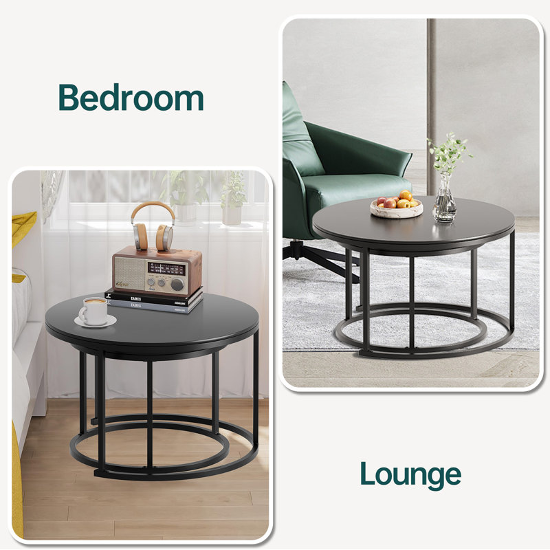 Sintered Stone Top Nesting Coffee Table Set, 18" H x 27" L x 27" W, Black