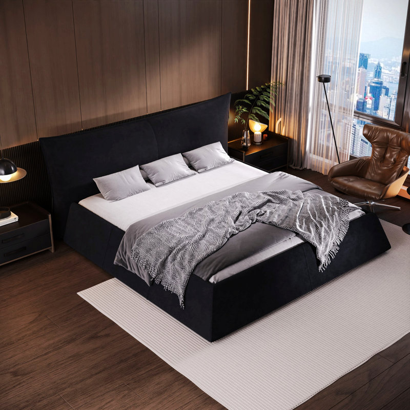 Lit plateforme tapissier avec tête de lit et lattes de bois, Noir, Grand lit