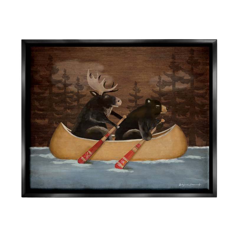 «Canoeing Animals Rustic Woodland» par Stephanie Workman Marrott - impression, Cadre flottant noir de jais