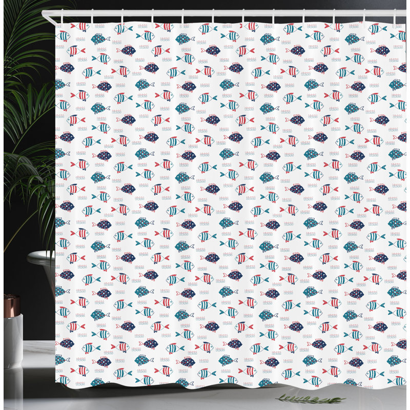 Dakota Fields Fish Shower Curtain Doodle Fish and Waves Multicolor, 84"H x 69"W