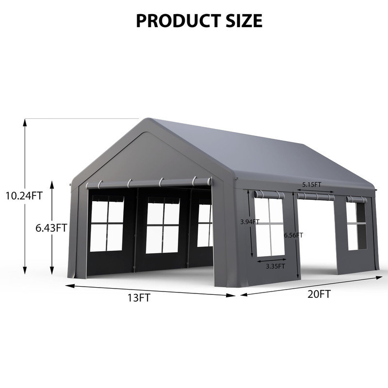 13' x 20' Portable Carport Garage with Waterproof PE Canopy, Roll-Up Doors & Ventilated Windows, Gray