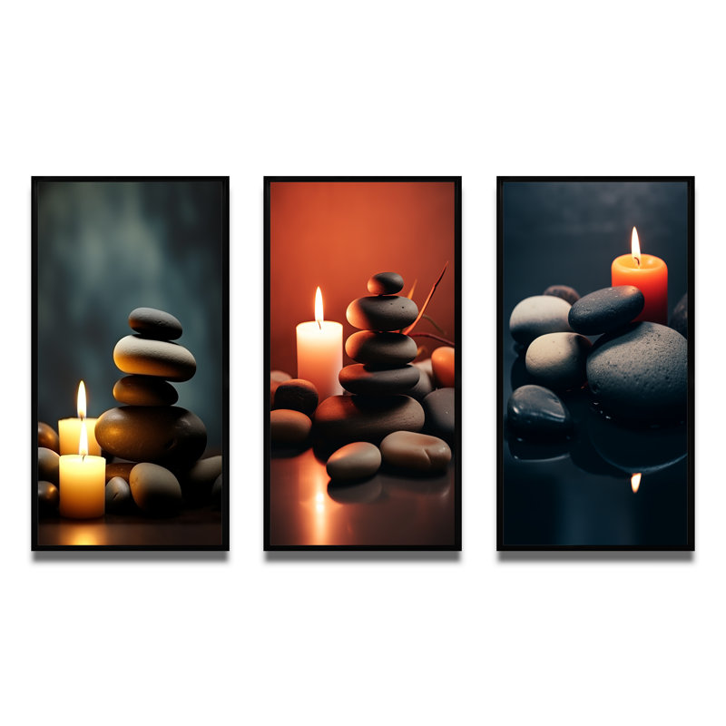 Bougie flamme zen pierre cairn sculpture équilibre - ensemble d'art spirituel en pierre de 3 pièces, Cadre flottant noir