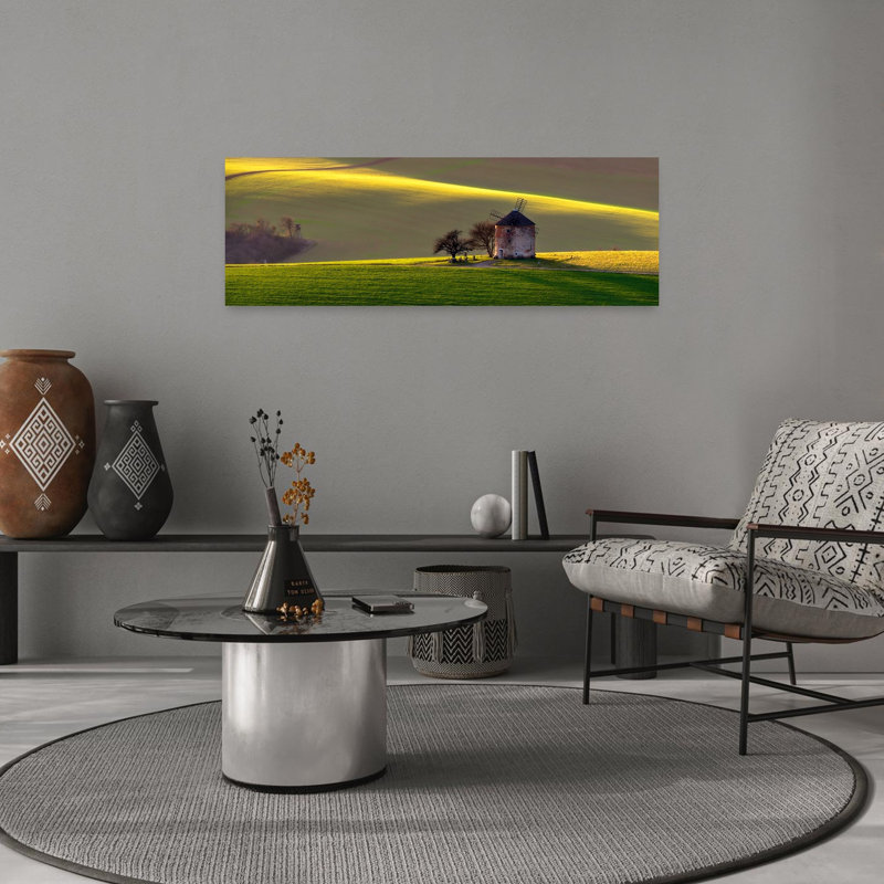 Paysage doré, heure d'or, paysage classique, paisible, architecture rustique, paysage, art mural, H 12 po x l 36 po