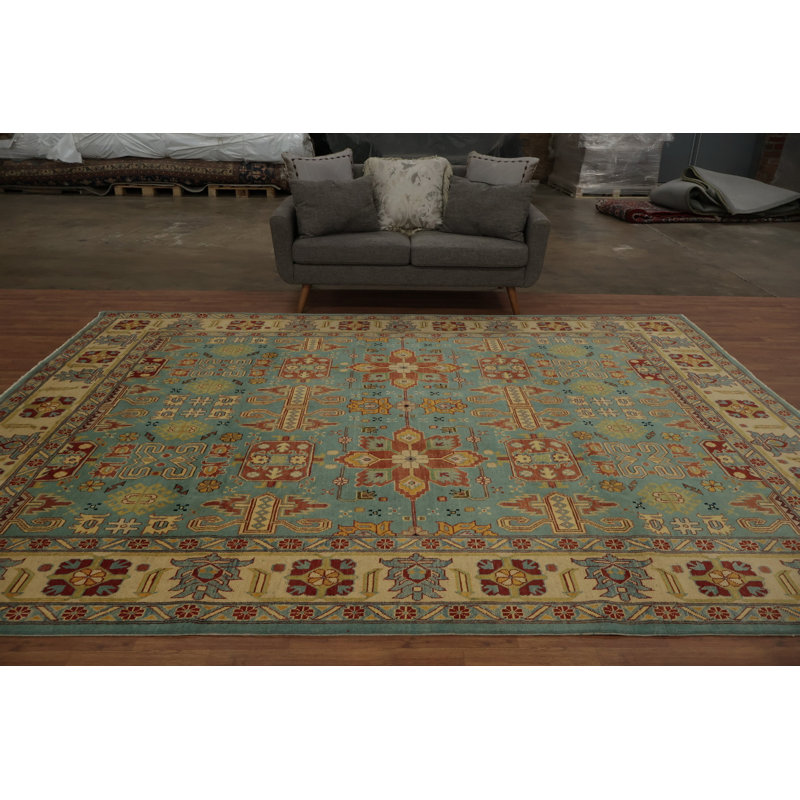 Tapis oriental classique Kazak 9 x 12 éléments de conception colorés