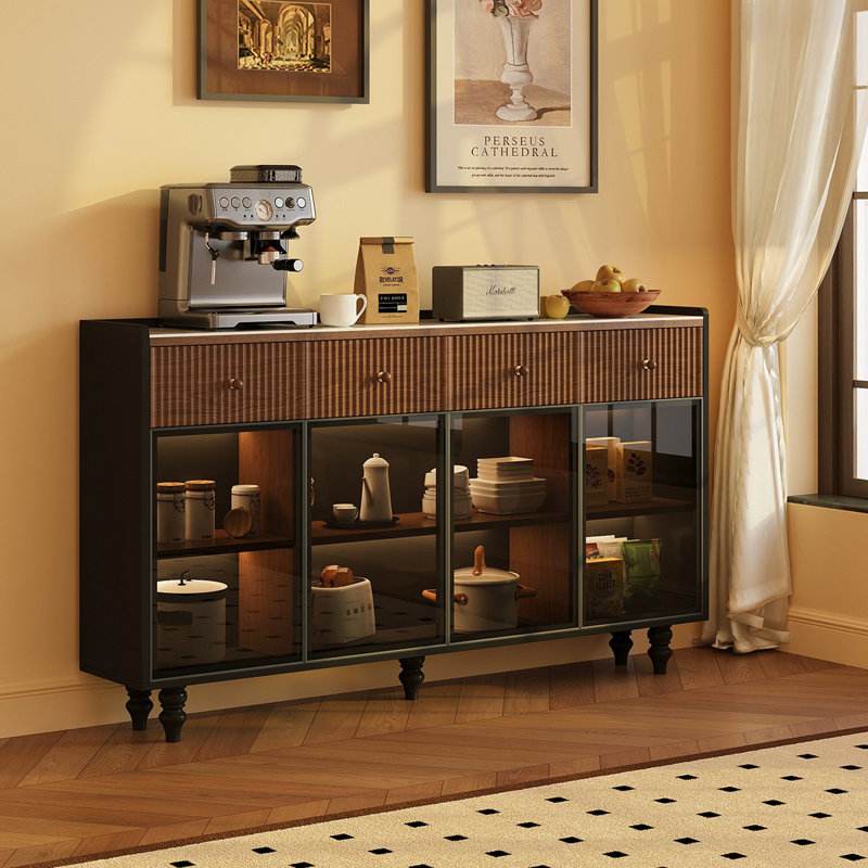 Buffet en bois massif noir et noyer, H 38,98 po x l 56,3 po x P 15,75 po
