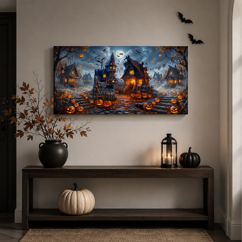 Toile hantée avec fenêtres et citrouilles d'Halloween, L 32 po x H 16 po