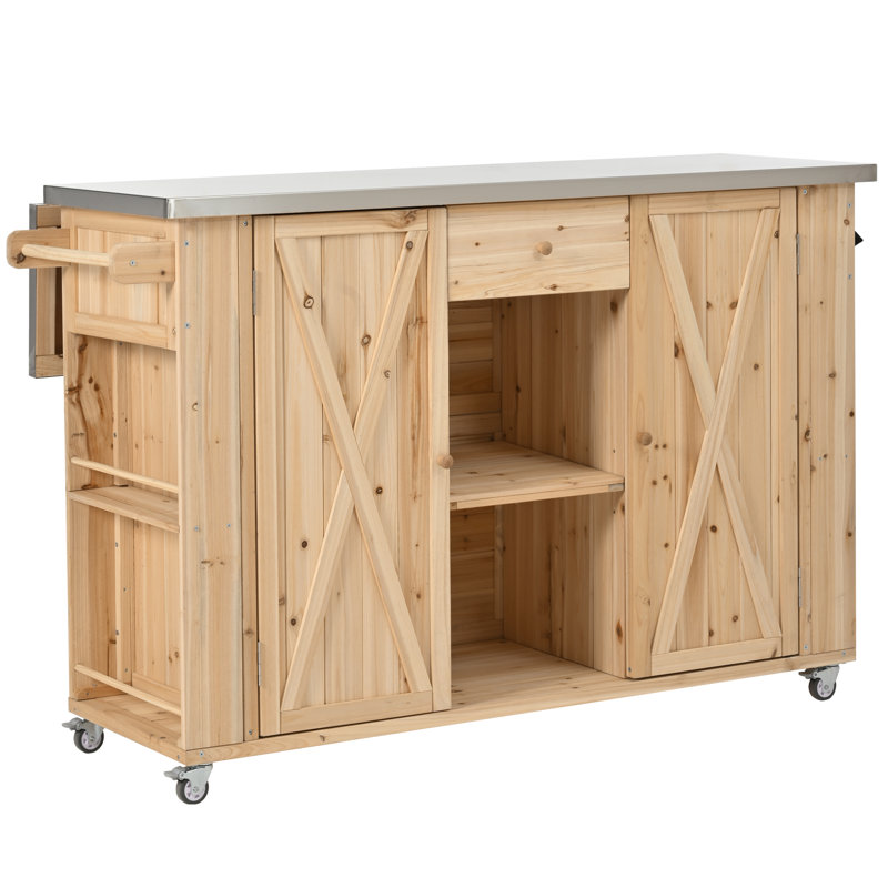 Outdoor Solid Wood Rolling Bar Cart, Storage Cabinet Kitchen Island, Natural