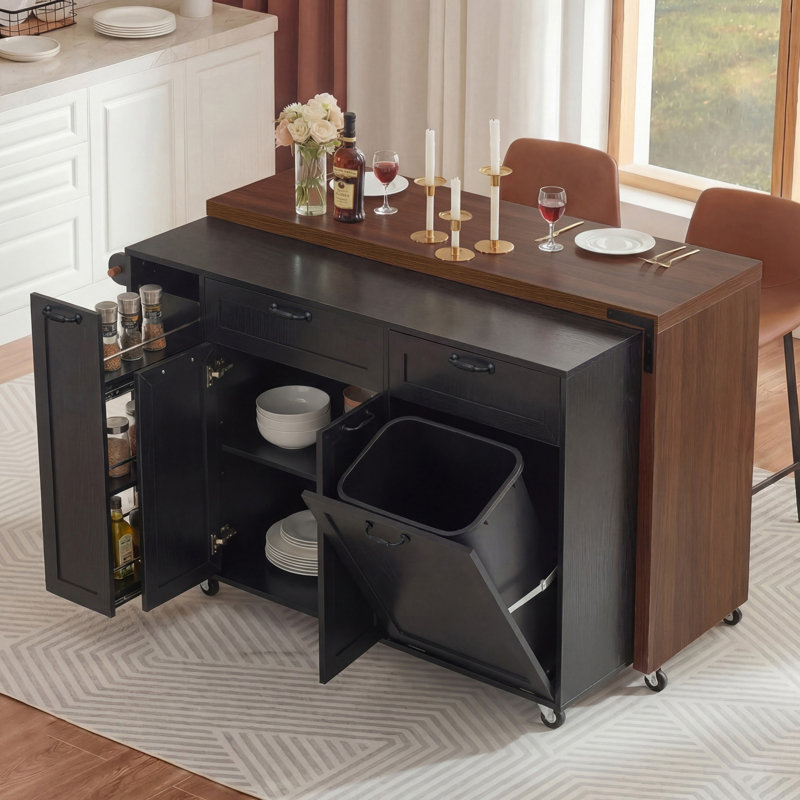 Îlot de cuisine avec table de salle à manger extensible 102,3 po, Noyer / noir