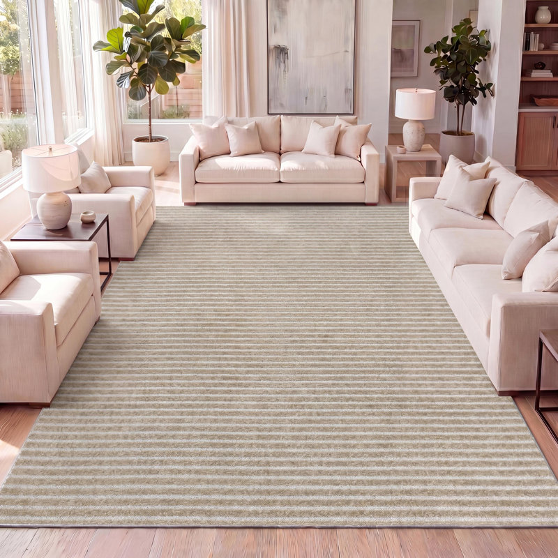 Wanneroo High-Low Minimalist Scandi Striped Beige/Cream Indoor/Outdoor Rug, Rectangle 2'11" x 5'