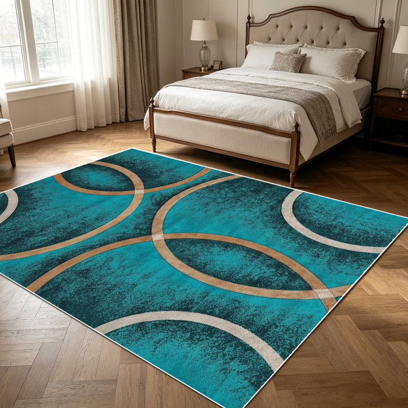 1PC Teal Gold Geometric Circle Modern Abstract area rugs for Living Room, Soft and Comfortable, Suitable for all seasons, easy-to-maintain, machine washable Indoor floor mat, Under Table Farmhouse suitable for dining room, bedroom, entryway, home