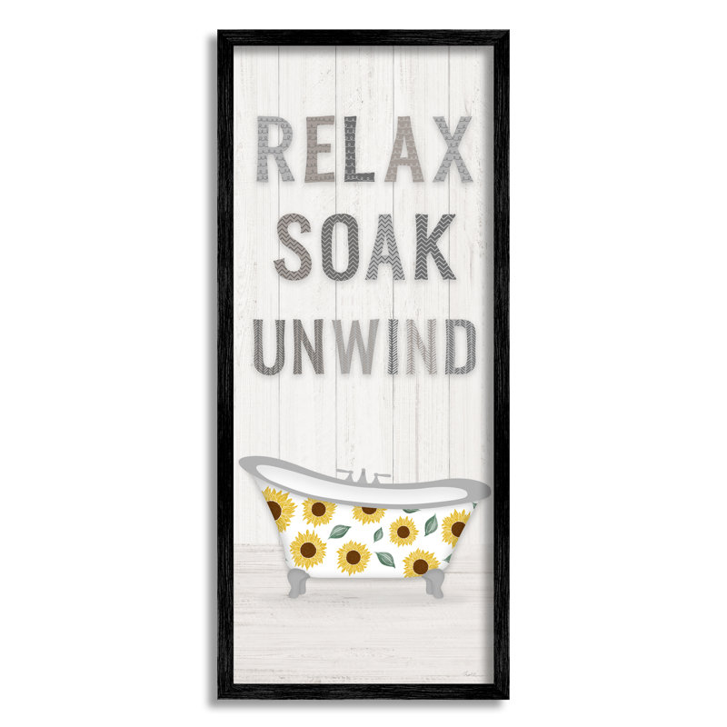 «Relax Soak Unwind Bathroom» par Natalie Carpentieri, Giclée encadrée noir minuit, H 30 po x l 13 po