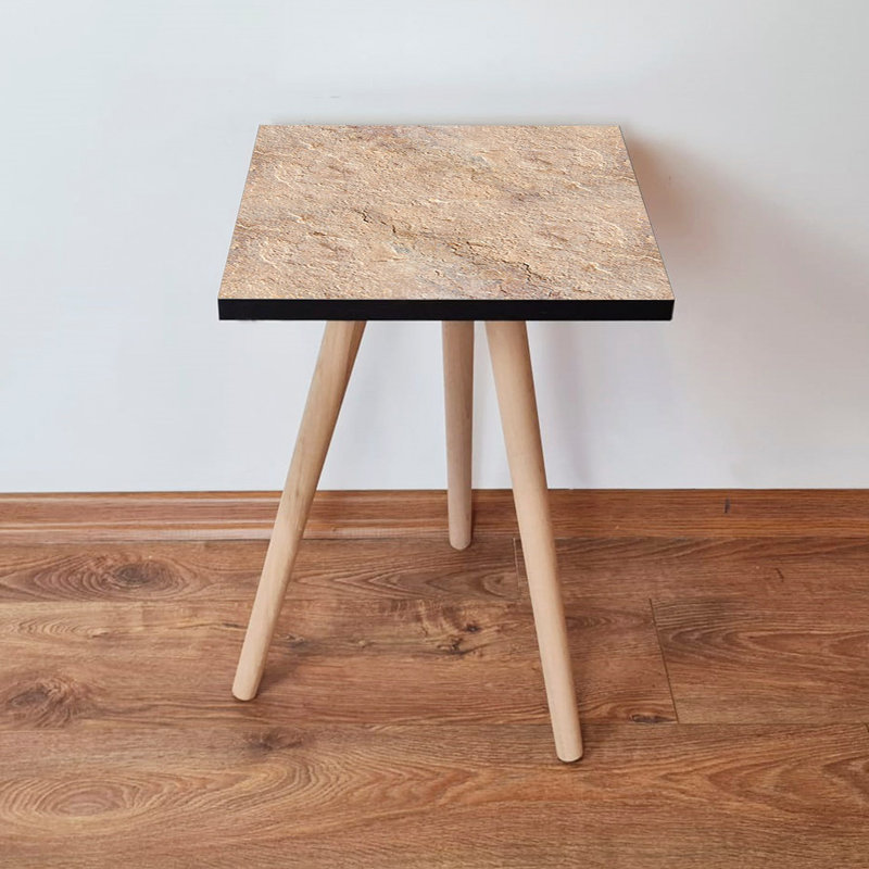 Modern Side Table with Beech Wood Legs, Beige Color, 13.8 x 16.5 x 13.8 inches | 100% MDF with Marble Finish, Thickness: 0.7 inches | Perfect for Scandinavian & Contemporary Décor, Stylish & Functional Design