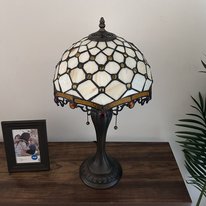 Focht Tiffany Table Lamp Beige Stained Glass LED Bulbs Pull Chain Switches 12"W*12"D*22"H