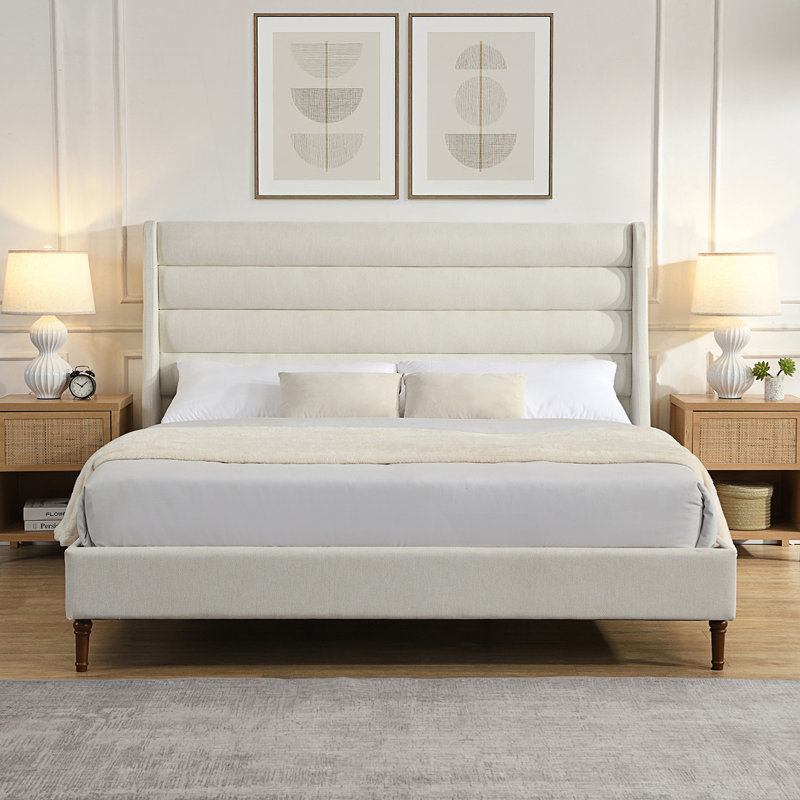 Structure de lit très grand, lit plateforme tapissier avec tête de lit ondulée, Très grand