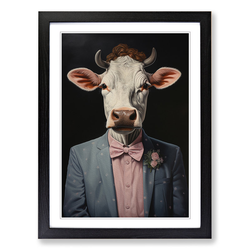 Cow In A Suit Painting No.2 - Single Picture Frame Print on Wood, Black Framed, 34cm H x 25cm W