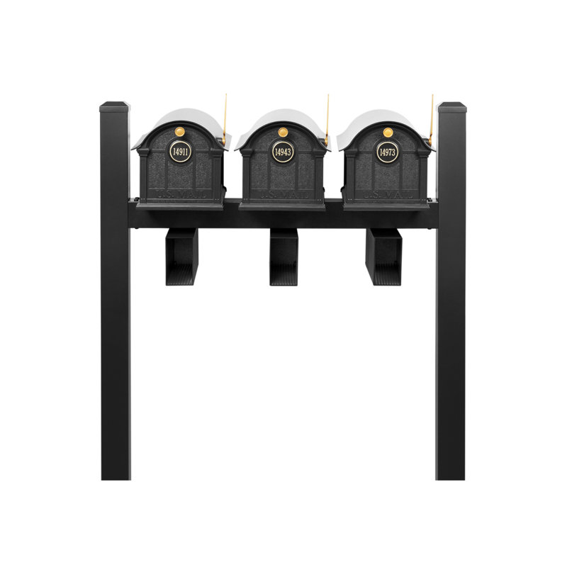 Balmoral Triple Mount Mailbox /w/ Pyramid Caps, Personalized Door Medallion, Newspaper Box (3 Mailboxes, Tri-Mount Rack, 3 Newspaper Boxes, 3 Medallions)