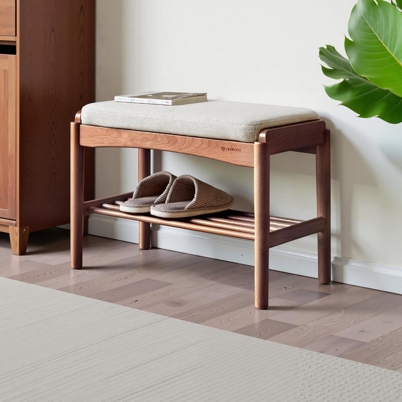 Solid Oak Upholstered Shoe Bench, American Walnut & Beige, 23.62"W