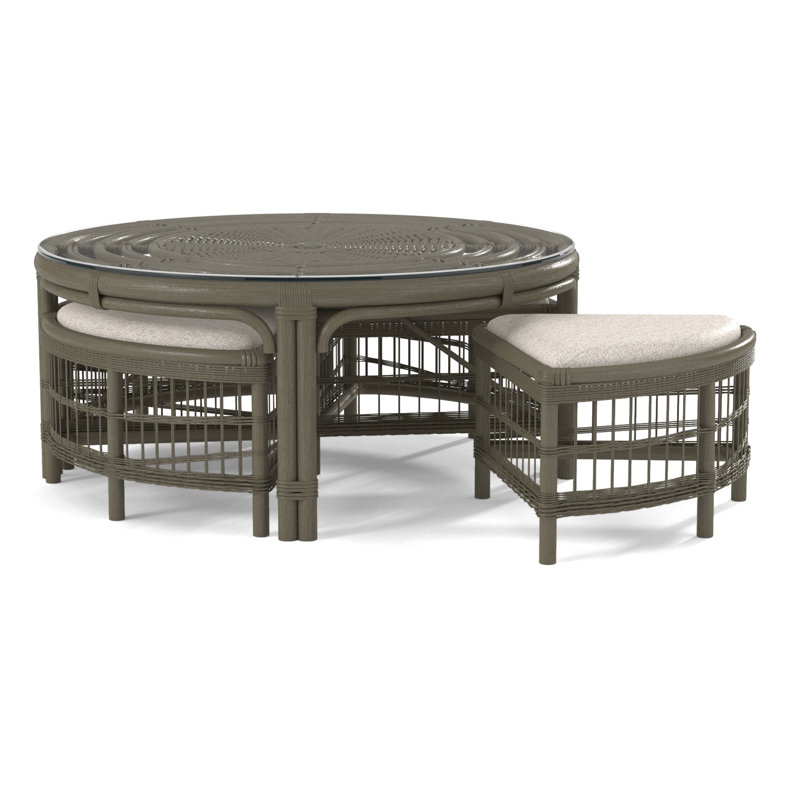 Raffles Rattan Cocktail Table with Benches, Stone Hearth, Blue Buffalo Check; 0120-61