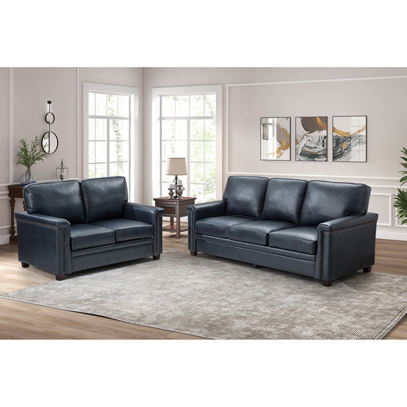 Ansela 77.2" W 2-Piece Genuine Leather Sofa and Loveseat Set, Navy Genuine Leather
