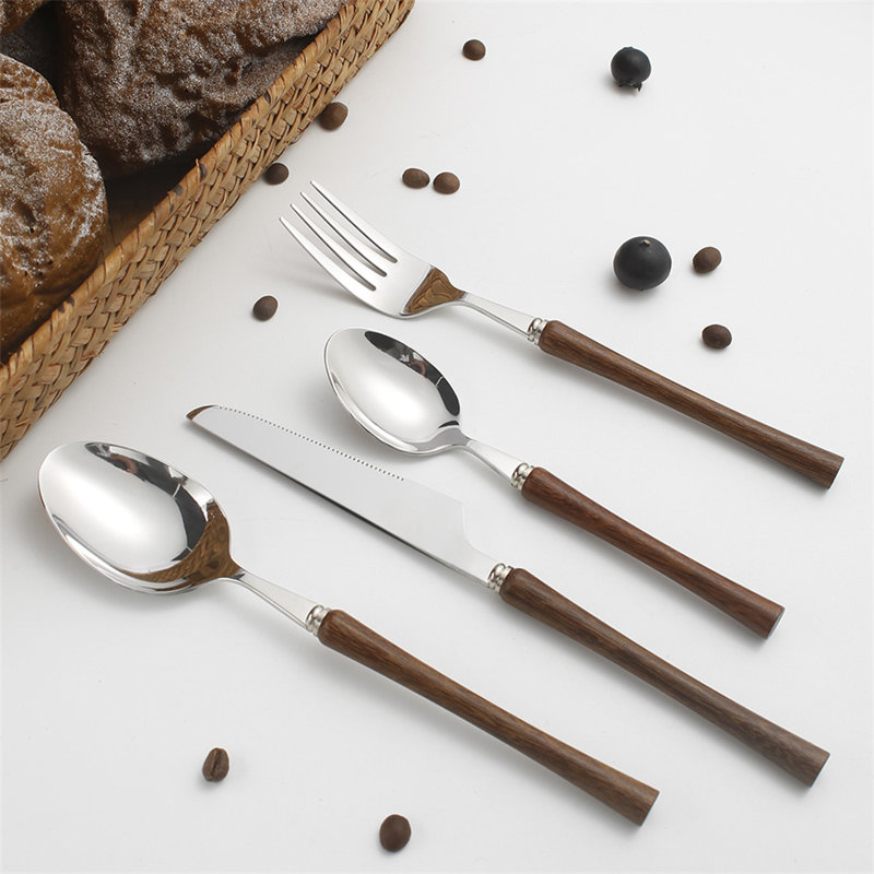 Stainless Steel Utensils With Wooden Handles - Fork, Knife, Spoon Set For Elegant Dining