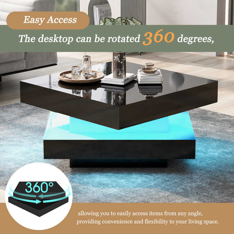 White Square High Gloss Coffee Table With 360° Rotating Top With 16-Color LED Light Tea Table, Black