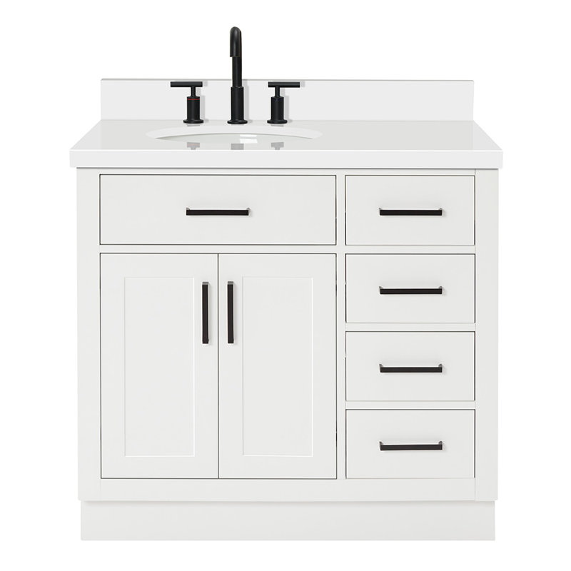 Meuble-lavabo simple en bois massif 36 po Tidworth avec plateau en quartz 1,5 po, Blanc, Ovale, Gauche