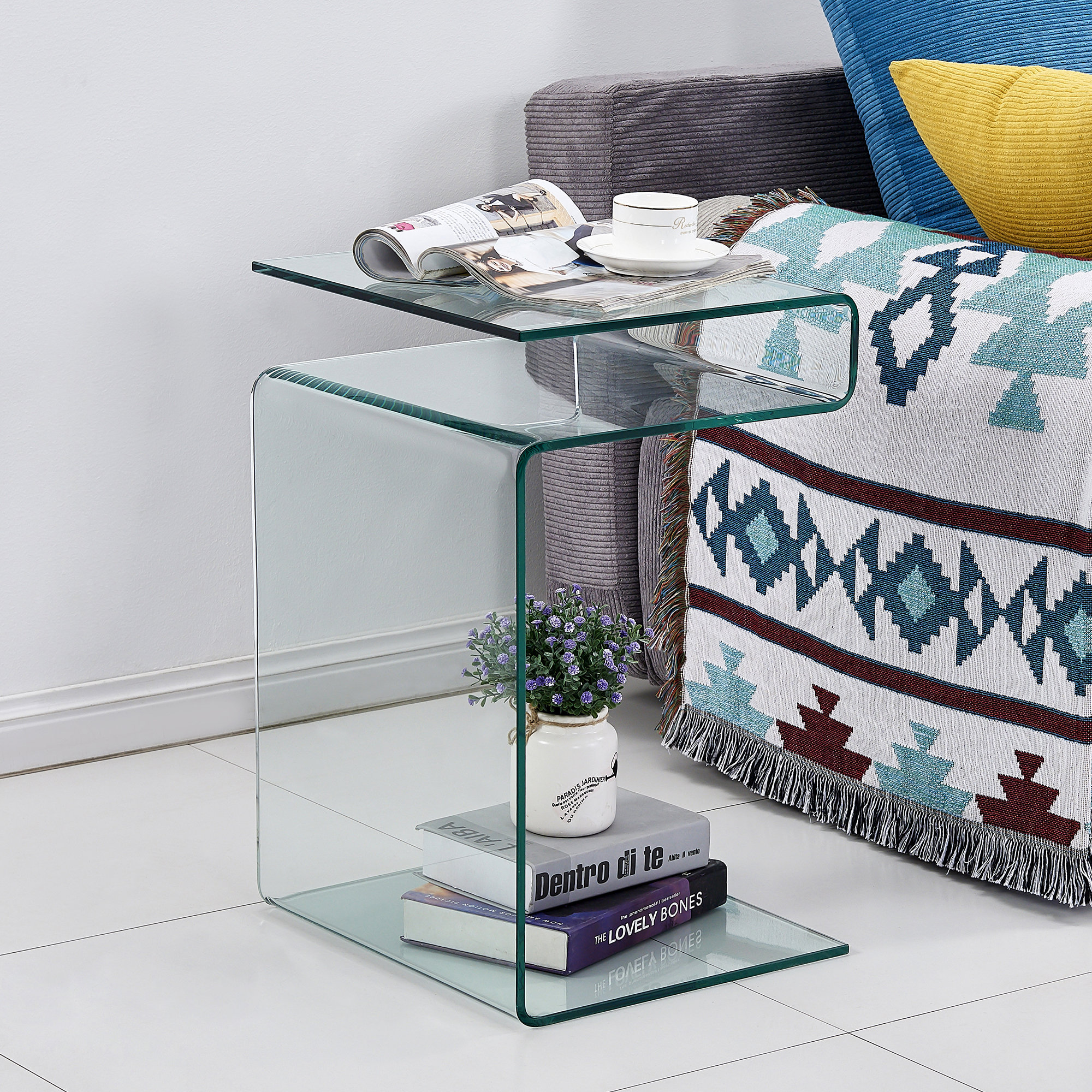 Ivy Bronx Glass End Tables, Clear S shape Side Tables Small Nightstand