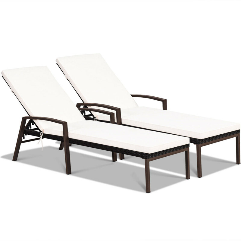 White Steel and Rattan Outdoor Chaise Lounge Set with Cushions