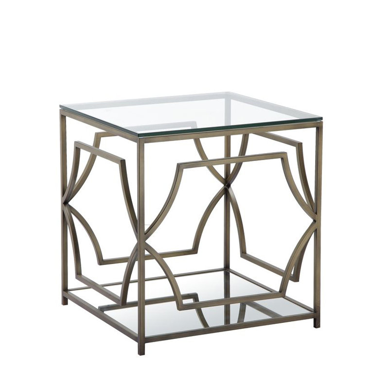 Pangea Home Benson Edward Glass End Table with Storage - Modern Glam Square Side Table – Tempered Glass Top with Brass Frame for Living Room or Bedroom - Brass Square Side Table