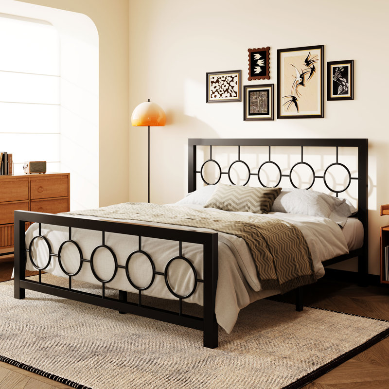 Avren Vintage Metal Platform Bed with Headboard and Footboard, Geometric Design, No Box Spring Needed, Black, Queen
