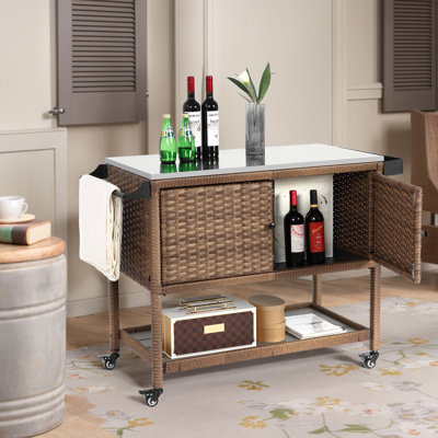 Outdoor Wicker Bar Cart, Patio Wine Serving Cart W/Wheels, Rolling Rattan Beverage Bar Counter Table W/Glass Top For Porch Backyard Garden Poolside Party, Brown