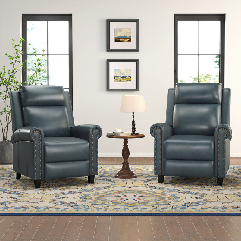 33.5" W Top Grain Leather Push-Back Recliner, Blue-Gray