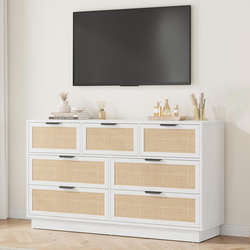 Commode 7 tiroirs et meuble télé en rotin Modern, Blanc