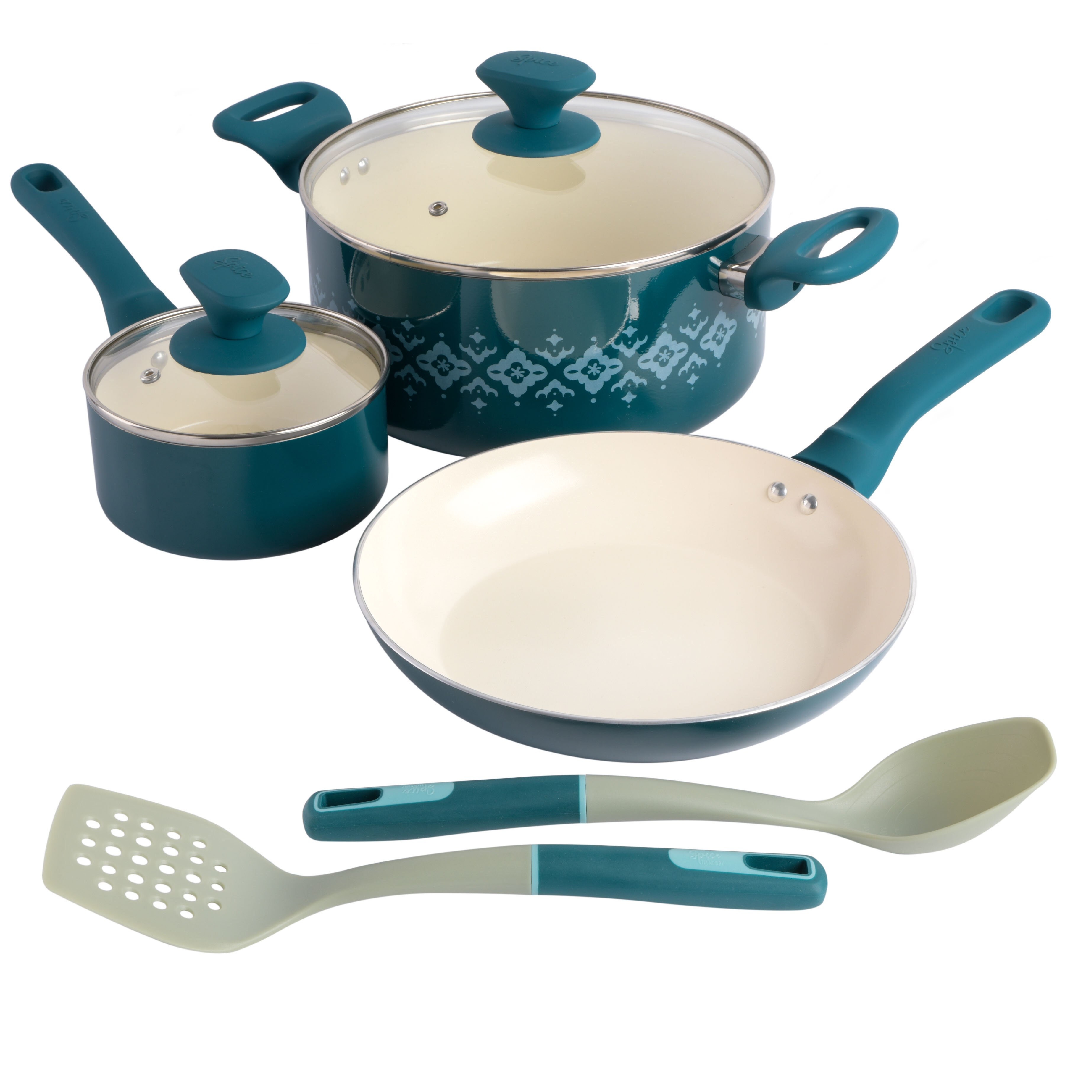 GreenLife Nylon & Wood Cooking Utensils with Ceramic Crock, 7-Piece Set |  Turquoise