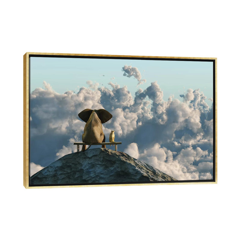 Elephant and Dog sit on a Mountain Top par Mike Kiev-reproduction d’art, H 26 po x l 40 po x 1,5 po, Toile encadrée d'or