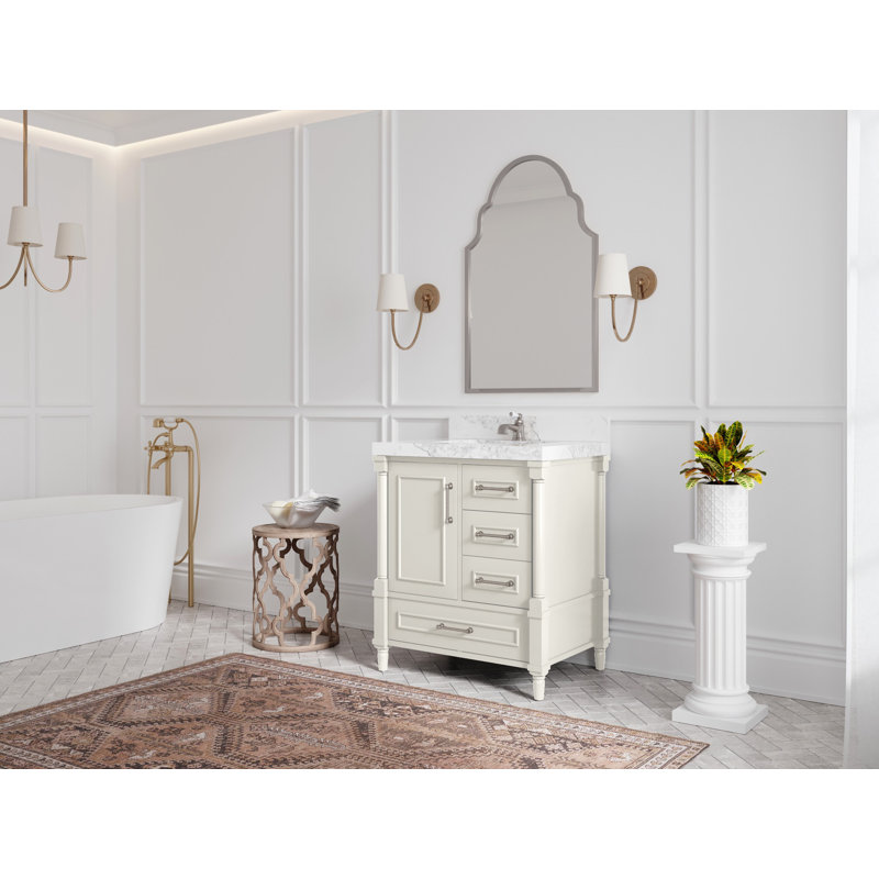 Alabaster White Solid Wood Single Bathroom Vanity with Quartz Top