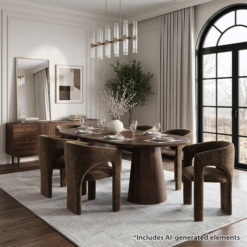 Ensemble de salle à manger rond à ovale extensible avec fauteuils demi-tonneau en chenille, Brun