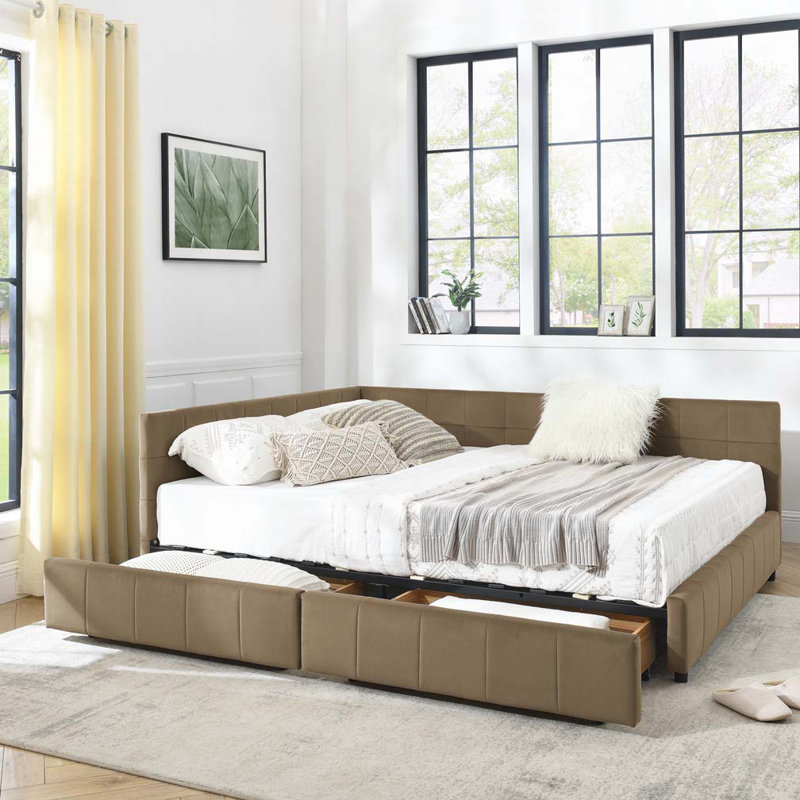 Lit de jour en velours avec rangement, Brun, Grand lit