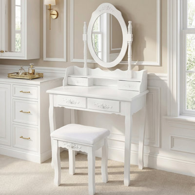 Makeup Vanity Table Set With 360Â° Mirror & Cushioned Stool - 4-Drawer Bedroom Dressing Desk