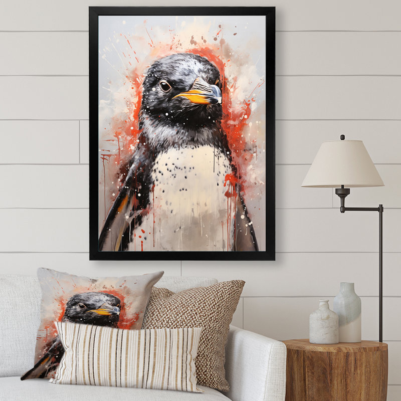 Nuccia - Portrait de pingouin crème - imprimé, Toile noire à cadre unique, H 32 po x l 16 po x P 1 po