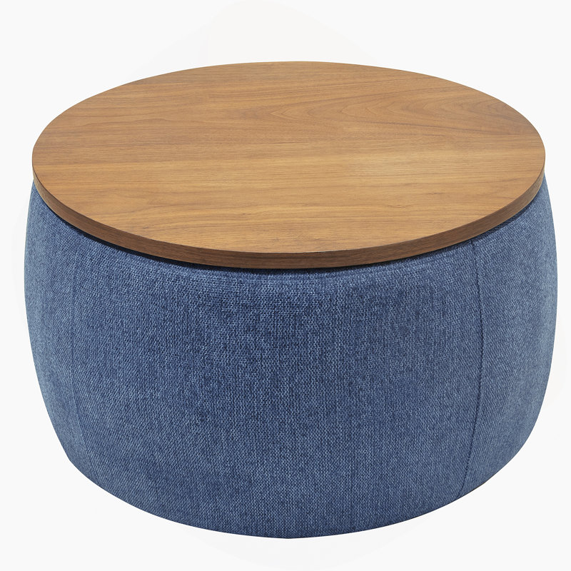 Round Storage Ottoman, 2 In 1 Function, Work As End Table And Ottoman, Navy