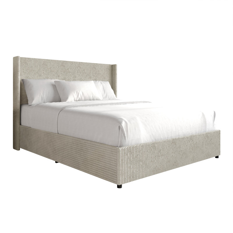 QUEEN SIZE WINGBACK PLATFORM LIFT UP STORAGE BED IN BEIGE VELVET, BEIGE, QUEEN