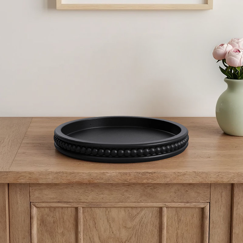 Farmhouse Decorative Round Wood Tray with Hobnail Edge, Black