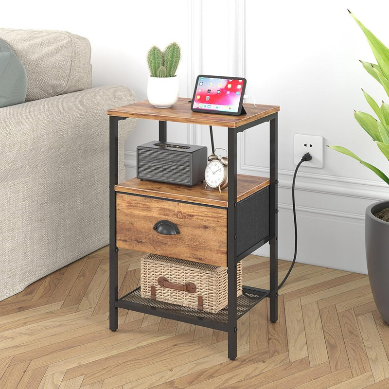 Ensemble de 2 tables de chevet, tables de chevet avec station de charge et tiroir en tissu, tables de chevet avec rangement, table d'appoint à 2 niveaux avec tablette ouverte, tables de chevet avec station de charge, brun rustique