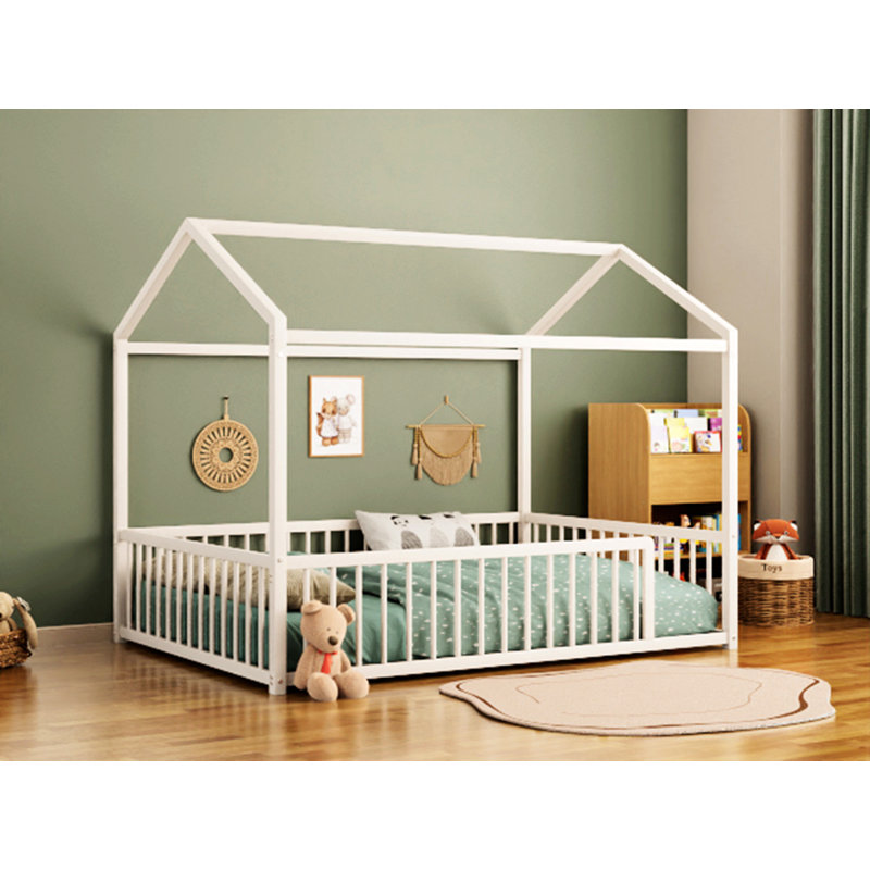 Floor Bed Frame With Fence, House Shaped Design Bed For Kids And Toddler, White